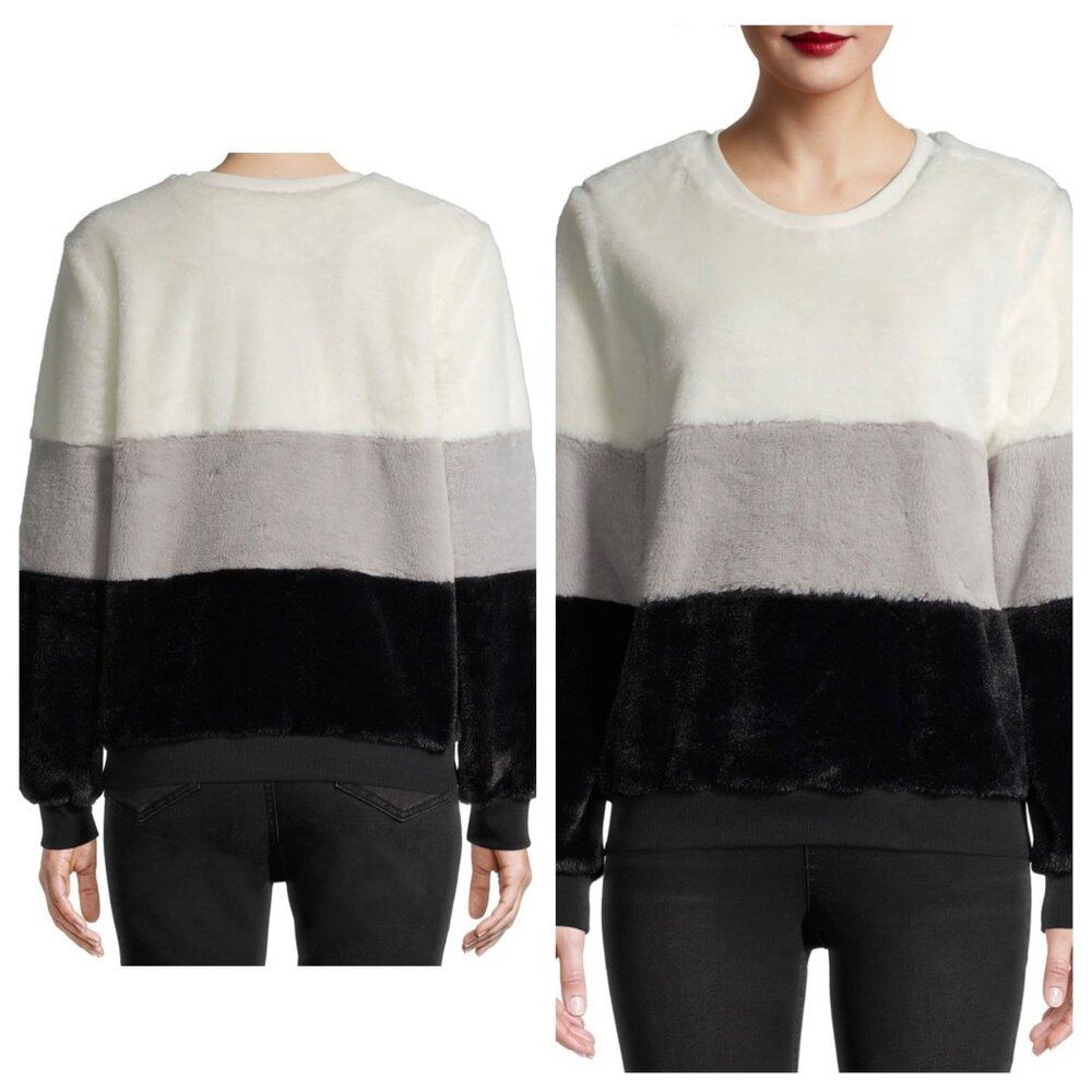 No‎ Boundaries Juniors' Fuzzy Color Blocked Black White Winter Pullover SZ Large